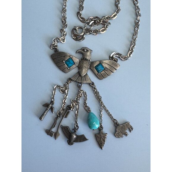 Vintage Park Lane Block Turquoise Tribal Charm Peyote Bird Southwestern Necklace - Picture 7 of 10